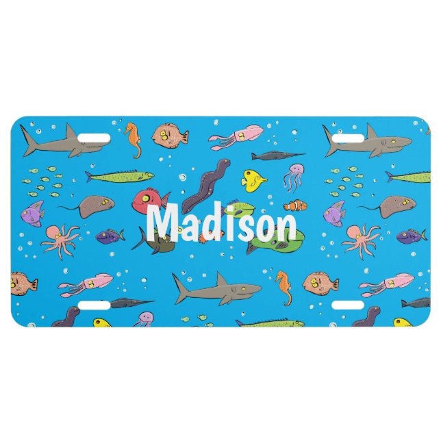 Funny sea creatures cartoon illustration pattern  license plate (Front)