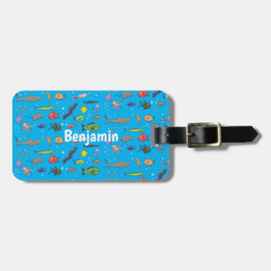 Funny sea creatures cartoon illustration pattern luggage tag