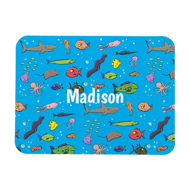 Funny sea creatures cartoon illustration pattern magnet (Horizontal)