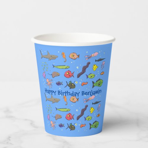 Funny sea creatures cartoon illustration pattern paper cups