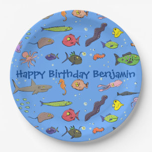 Funny sea creatures cartoon illustration pattern paper plates