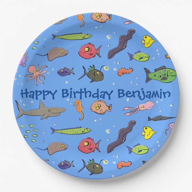 Funny sea creatures cartoon illustration pattern paper plates (Front)