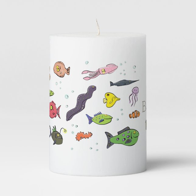 Funny sea creatures cartoon illustration pattern pillar candle (Front)