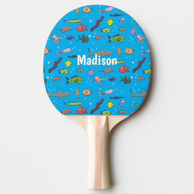 Funny sea creatures cartoon illustration pattern ping pong paddle (Front)