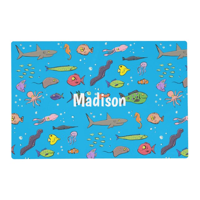 Funny sea creatures cartoon illustration pattern placemat (Front)