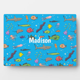 Funny sea creatures cartoon illustration pattern plaque