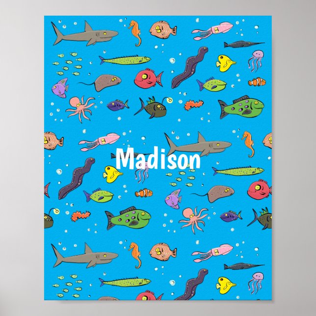 Funny sea creatures cartoon illustration pattern poster (Front)
