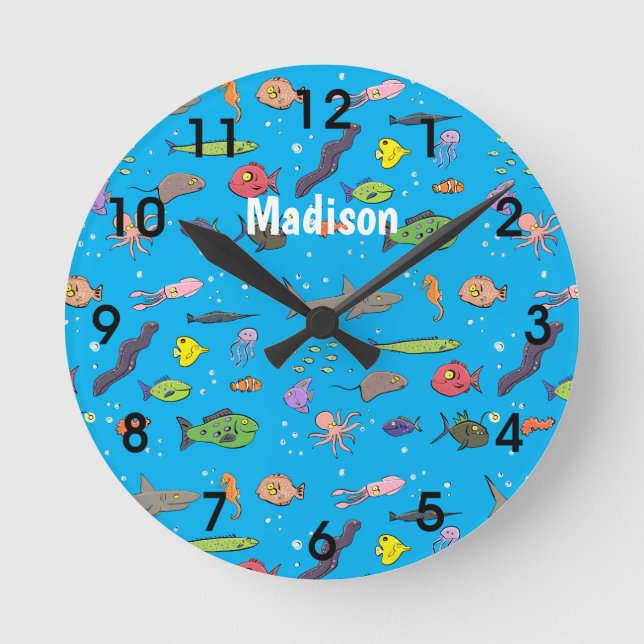 Funny sea creatures cartoon illustration pattern round clock (Front)