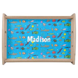 Funny sea creatures cartoon illustration pattern serving tray