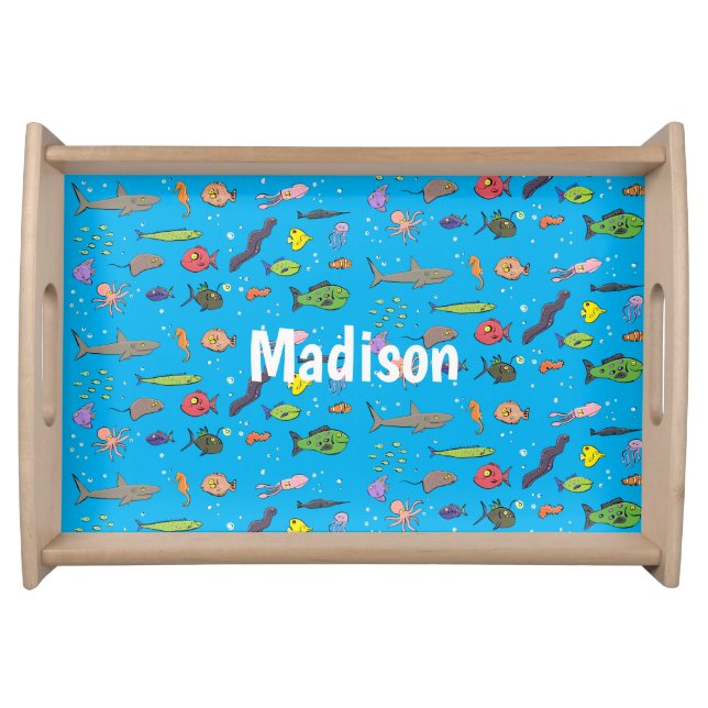 Funny sea creatures cartoon illustration pattern serving tray (Front)
