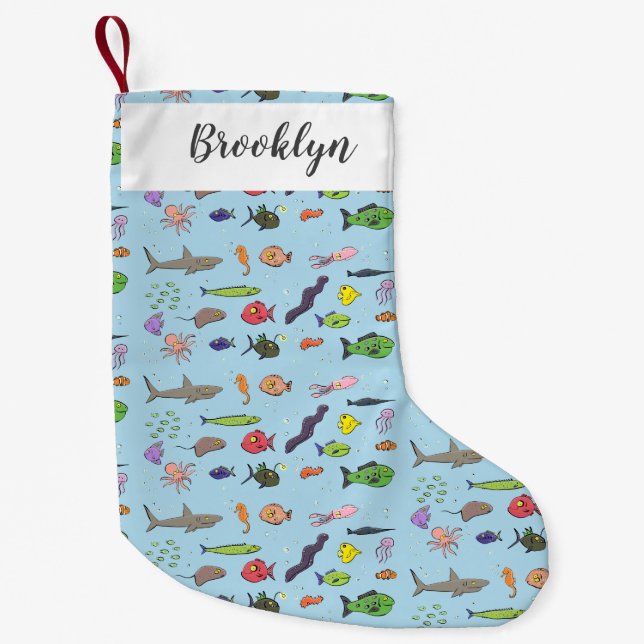 Funny sea creatures cartoon illustration pattern small christmas stocking (Front)