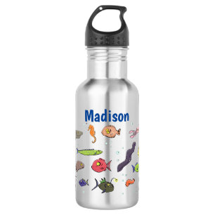 Funny sea creatures cartoon illustration pattern stainless steel water bottle