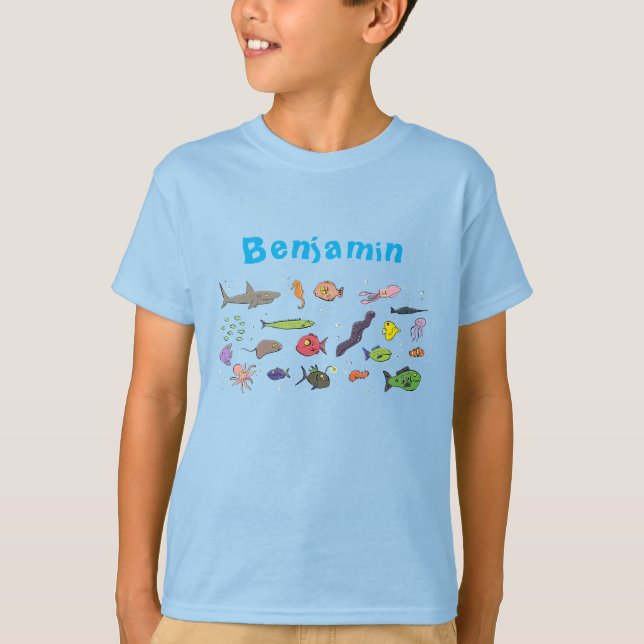 Funny sea creatures cartoon illustration pattern T-Shirt (Front)