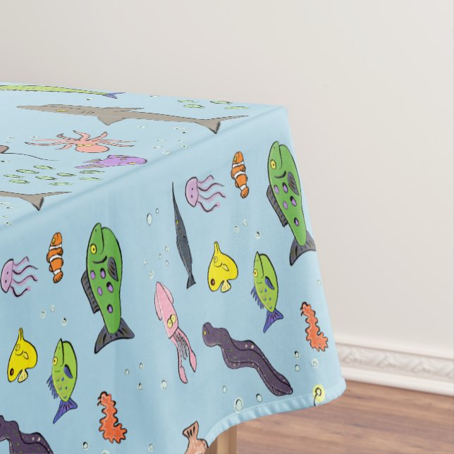 Funny sea creatures cartoon illustration pattern tablecloth (In Situ)