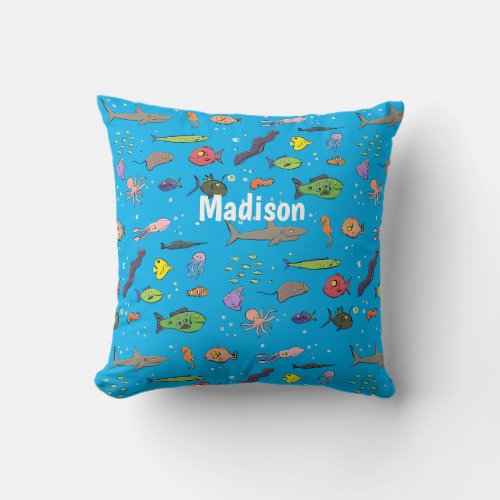 Funny sea creatures cartoon illustration pattern throw pillow