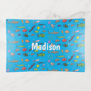 Funny sea creatures cartoon illustration pattern trinket tray