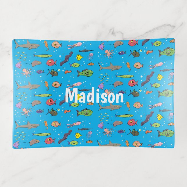 Funny sea creatures cartoon illustration pattern trinket tray (Front)