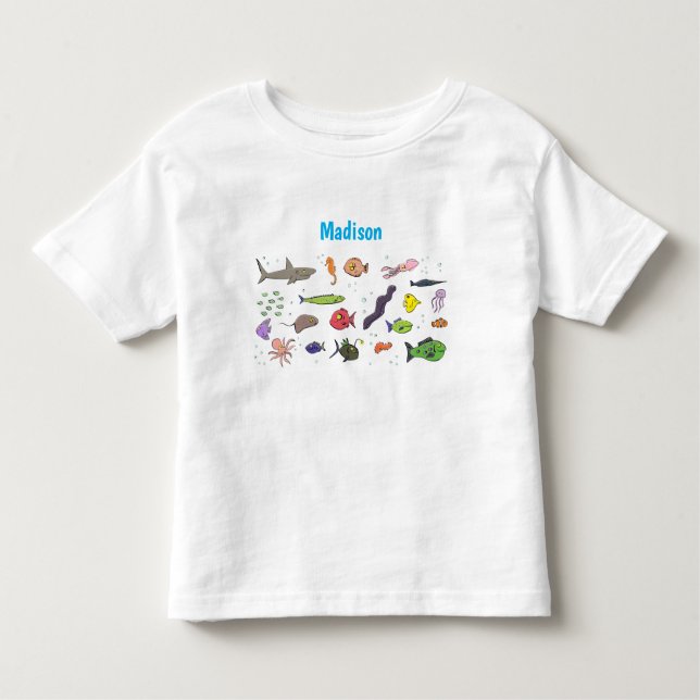 Funny sea creatures cartoon illustration toddler t-shirt (Front)