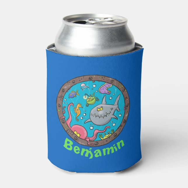 Funny sea creatures in ship port hole cartoon can cooler (Can Front)