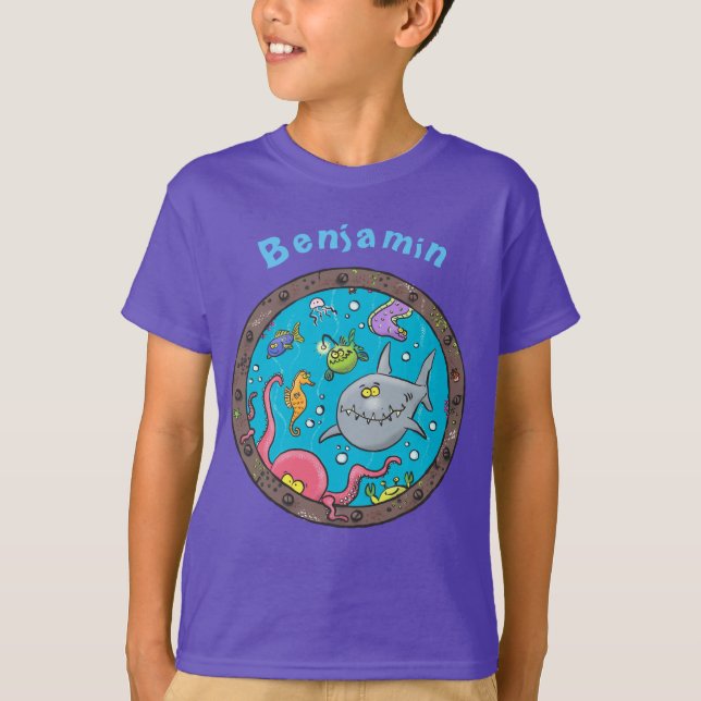 Funny sea creatures sunken ship porthole cartoon T-Shirt (Front)