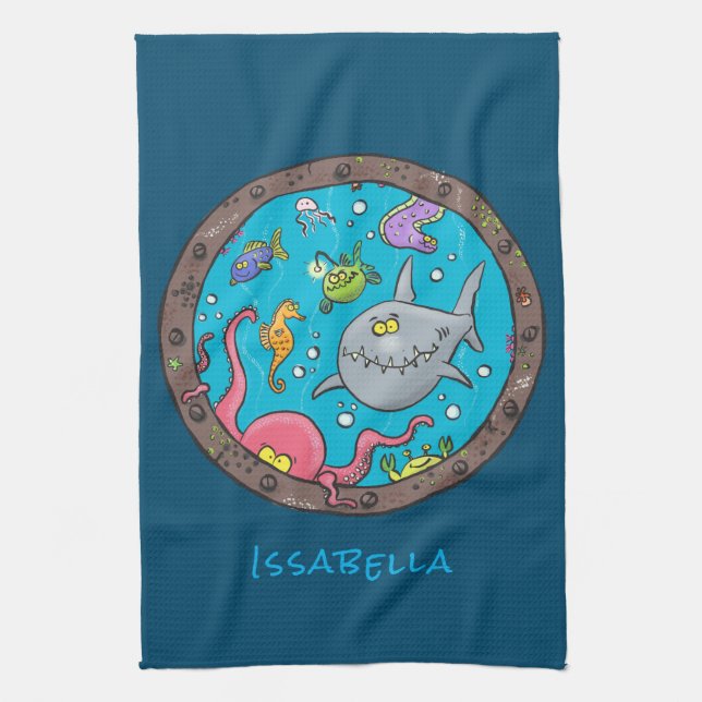 Funny sea creatures underwater cartoon 2 kitchen towel (Vertical)