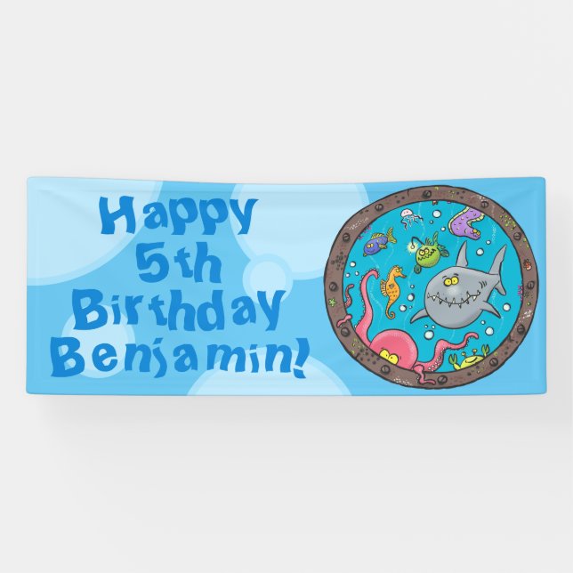 Funny sea creatures underwater cartoon birthday banner (Horizontal)