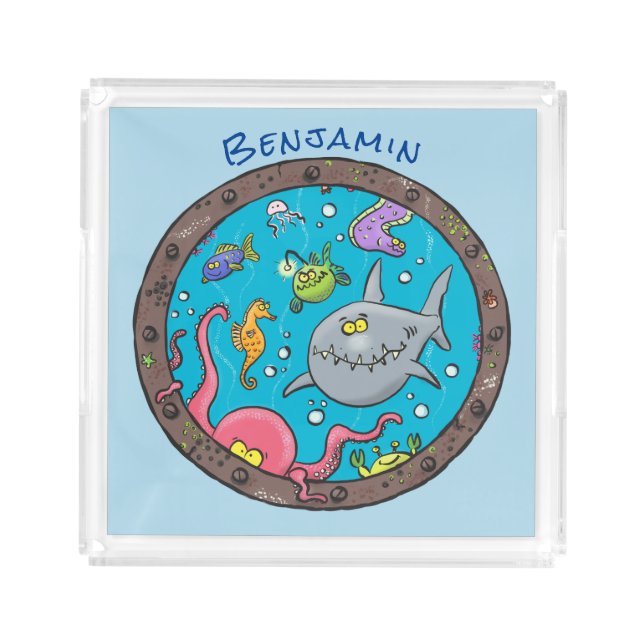 Funny sea creatures underwater cartoon drawing acrylic tray (Front)
