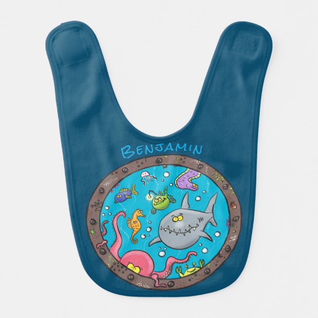 Funny sea creatures underwater cartoon drawing baby bib (Front)