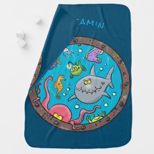 Funny sea creatures underwater cartoon drawing baby blanket