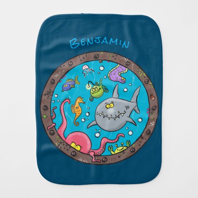 Funny sea creatures underwater cartoon drawing baby burp cloth (Front)