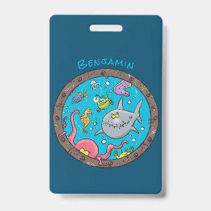 Funny sea creatures underwater cartoon drawing badge