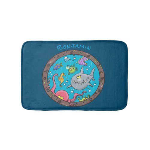 Funny sea creatures underwater cartoon drawing bath mat