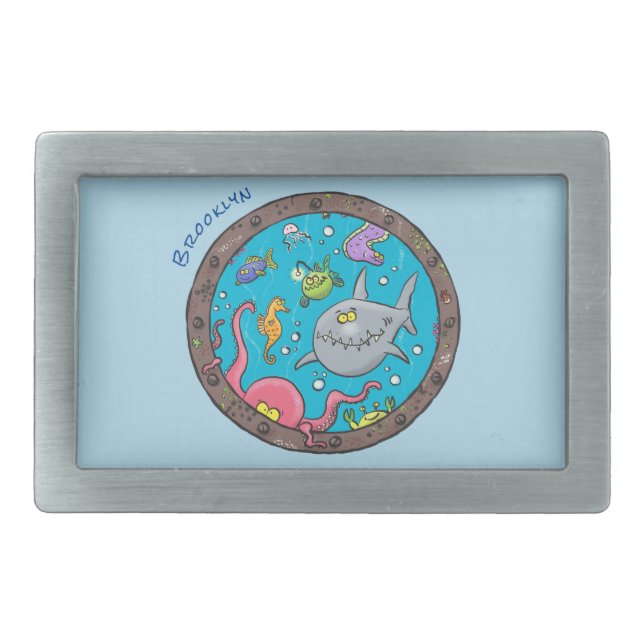 Funny sea creatures underwater cartoon drawing belt buckle (Front)