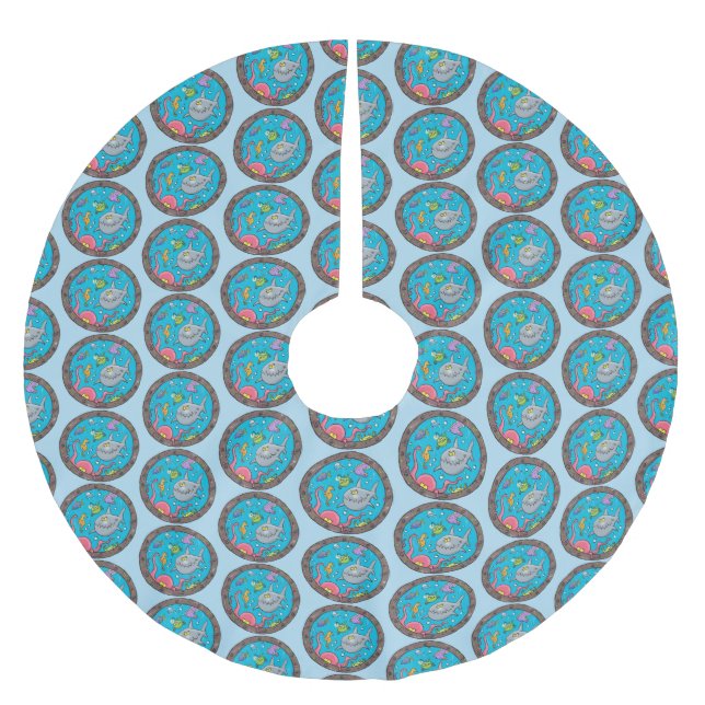 Funny sea creatures underwater cartoon drawing brushed polyester tree skirt (Front)