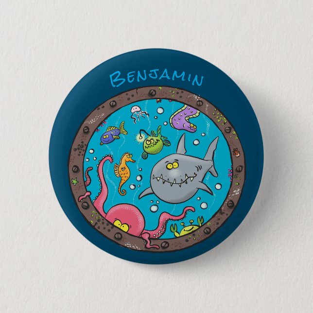 Funny sea creatures underwater cartoon drawing button (Front)