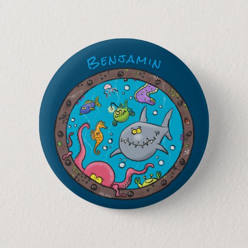 Funny sea creatures underwater cartoon drawing button