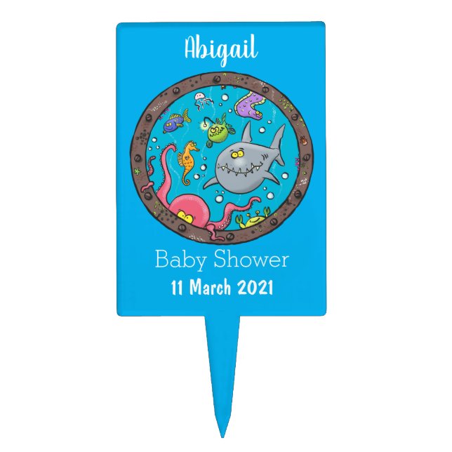 Funny sea creatures underwater cartoon drawing cake topper (Front)