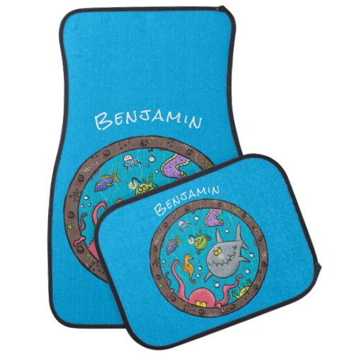 Funny sea creatures underwater cartoon drawing  car floor mat