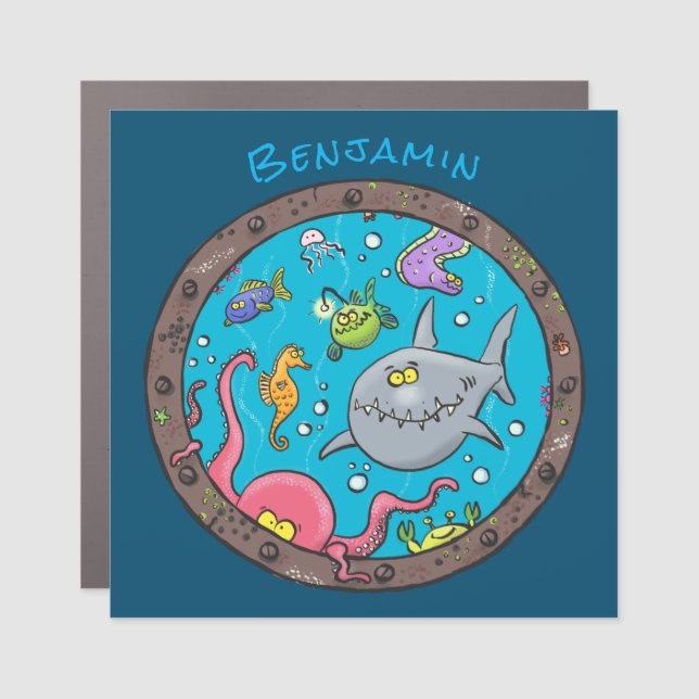 Funny sea creatures underwater cartoon drawing car magnet (Front)