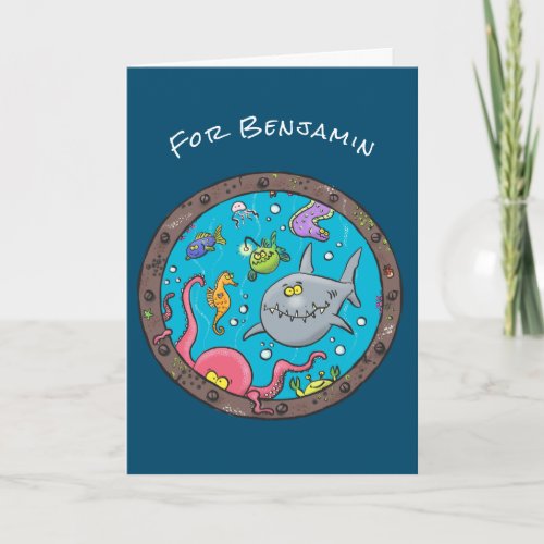 Funny sea creatures underwater cartoon drawing card