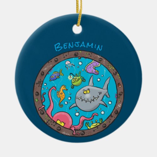 Funny sea creatures underwater cartoon drawing ceramic ornament