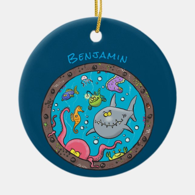 Funny sea creatures underwater cartoon drawing ceramic ornament (Front)