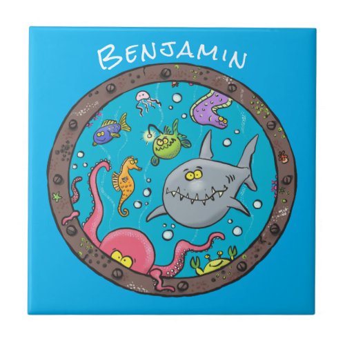 Funny sea creatures underwater cartoon drawing ceramic tile