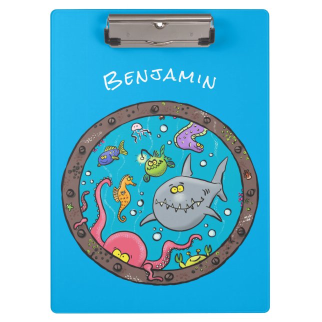 Funny sea creatures underwater cartoon drawing clipboard (Front)