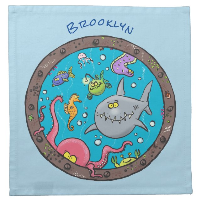 Funny sea creatures underwater cartoon drawing cloth napkin (Front)