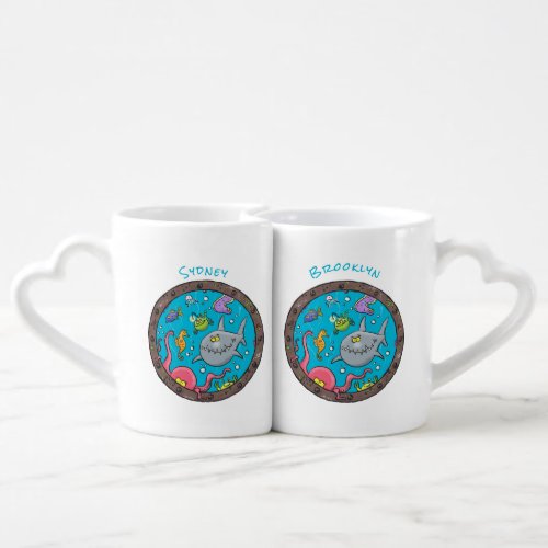 Funny sea creatures underwater cartoon drawing coffee mug set