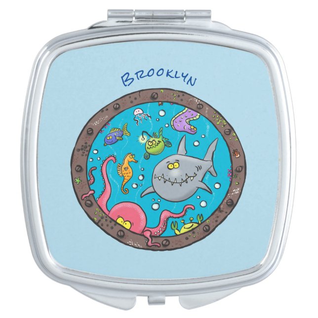 Funny sea creatures underwater cartoon drawing compact mirror (Front)