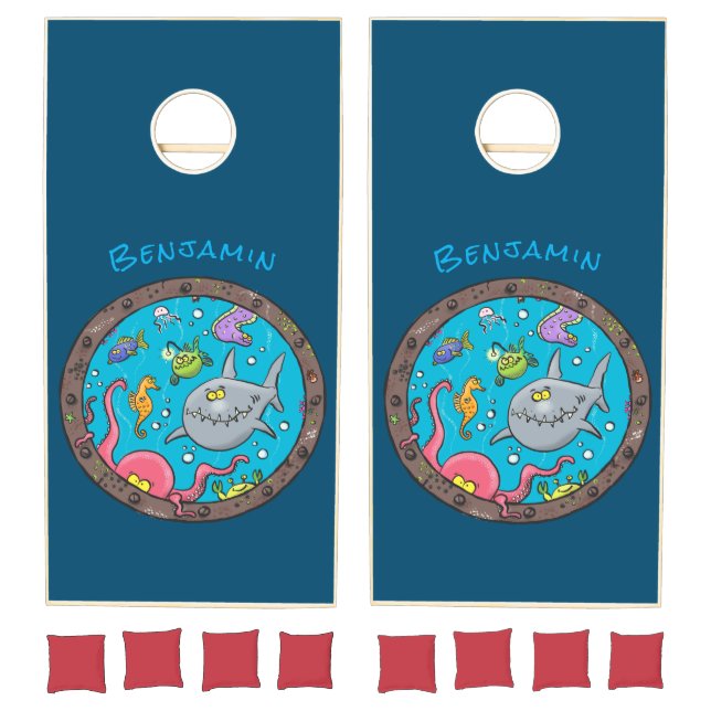 Funny sea creatures underwater cartoon drawing cornhole set (Set)