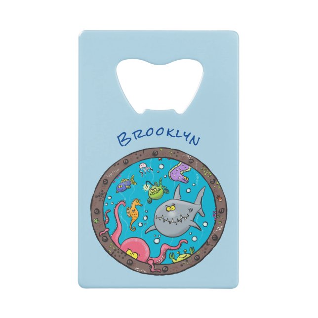 Funny sea creatures underwater cartoon drawing credit card bottle opener (Front)