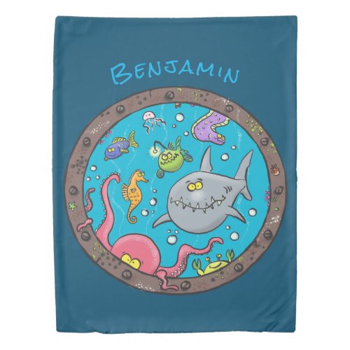 Funny sea creatures underwater cartoon drawing duvet cover